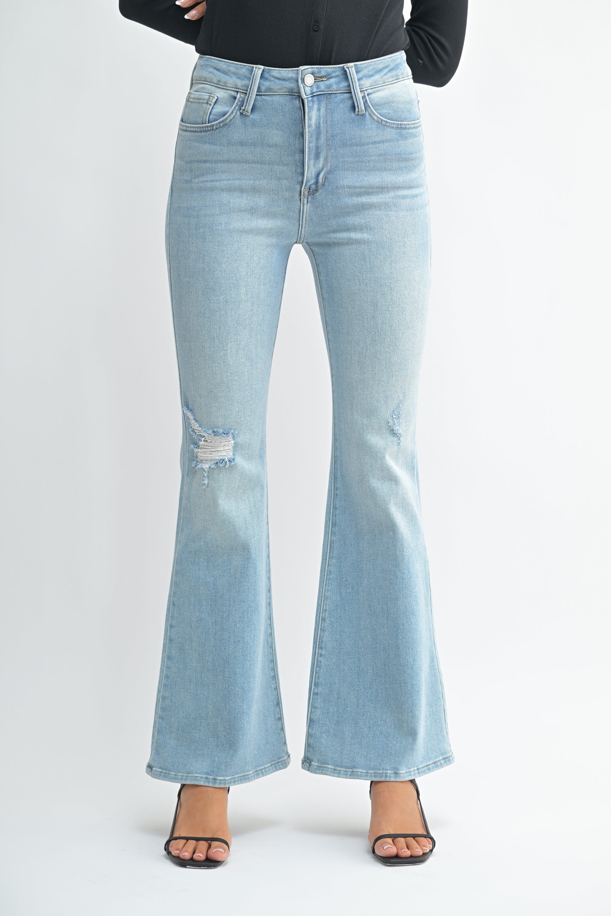 90's One Knee Distressed Flare – Just Black Denim