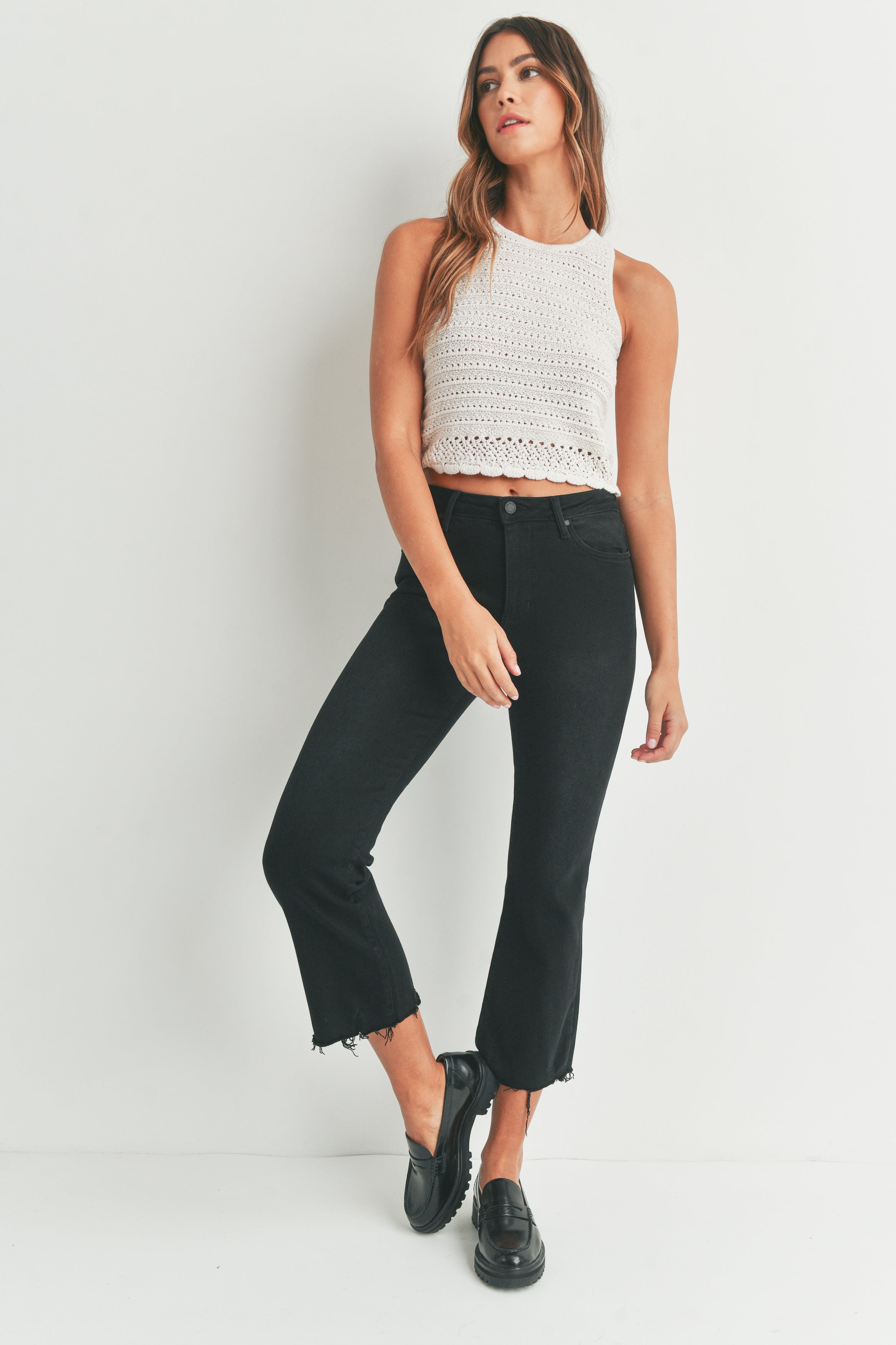 The Frayed Crop Flare – Just Black Denim