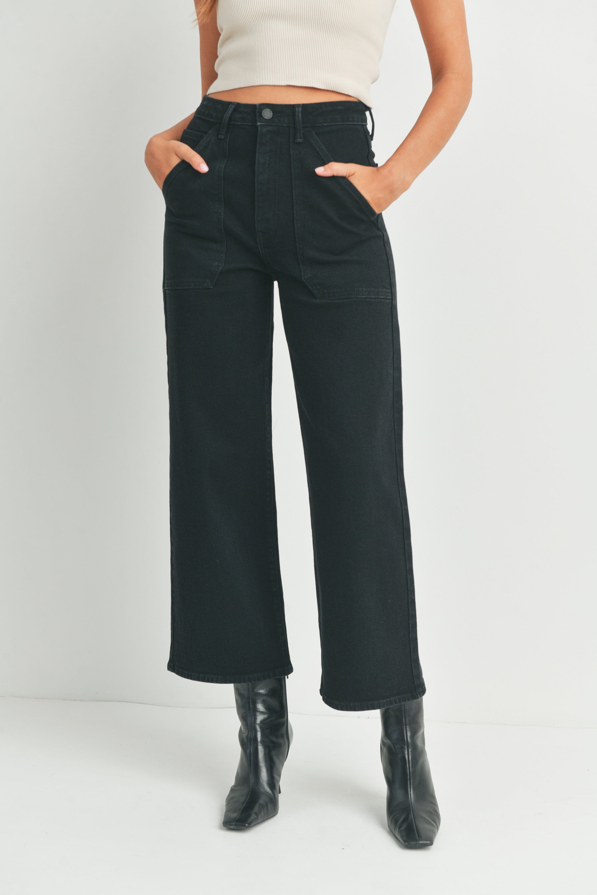 【OV】leather patch black denim wide jeans The Patch Pocket Wide Leg – Just Black Denim
